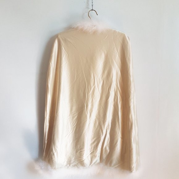 Vintage Satin and Feather Cape, Vintage White Fur Wedding Stole, Fur Shawl - Picture 2 of 7